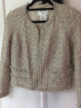 Chanel Spring 2005 Jacket tweed-silk Gold/Beige/Metallic threads size 38 FR